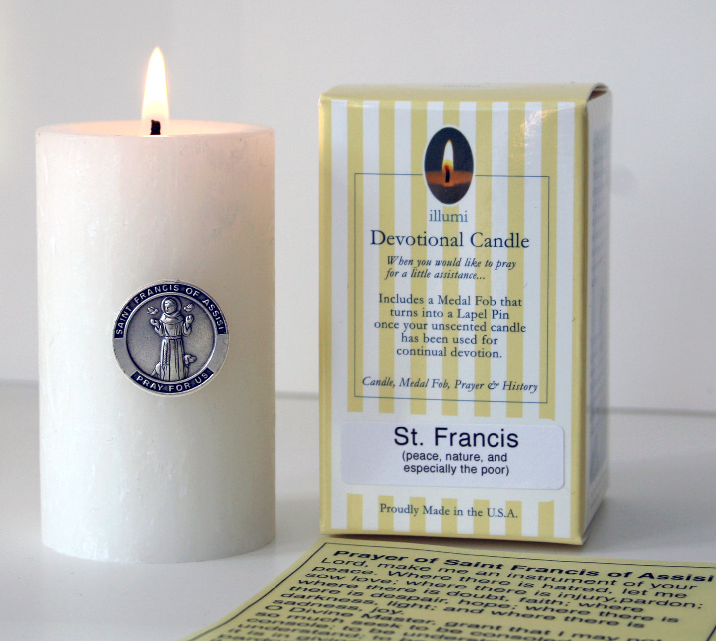 Saint Francis Devotional Candle with lapel pin