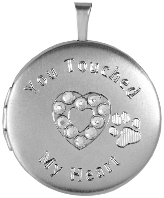 Sterling Silver Round Pet Memorial Locket with Pawprint and Crystal Heart
