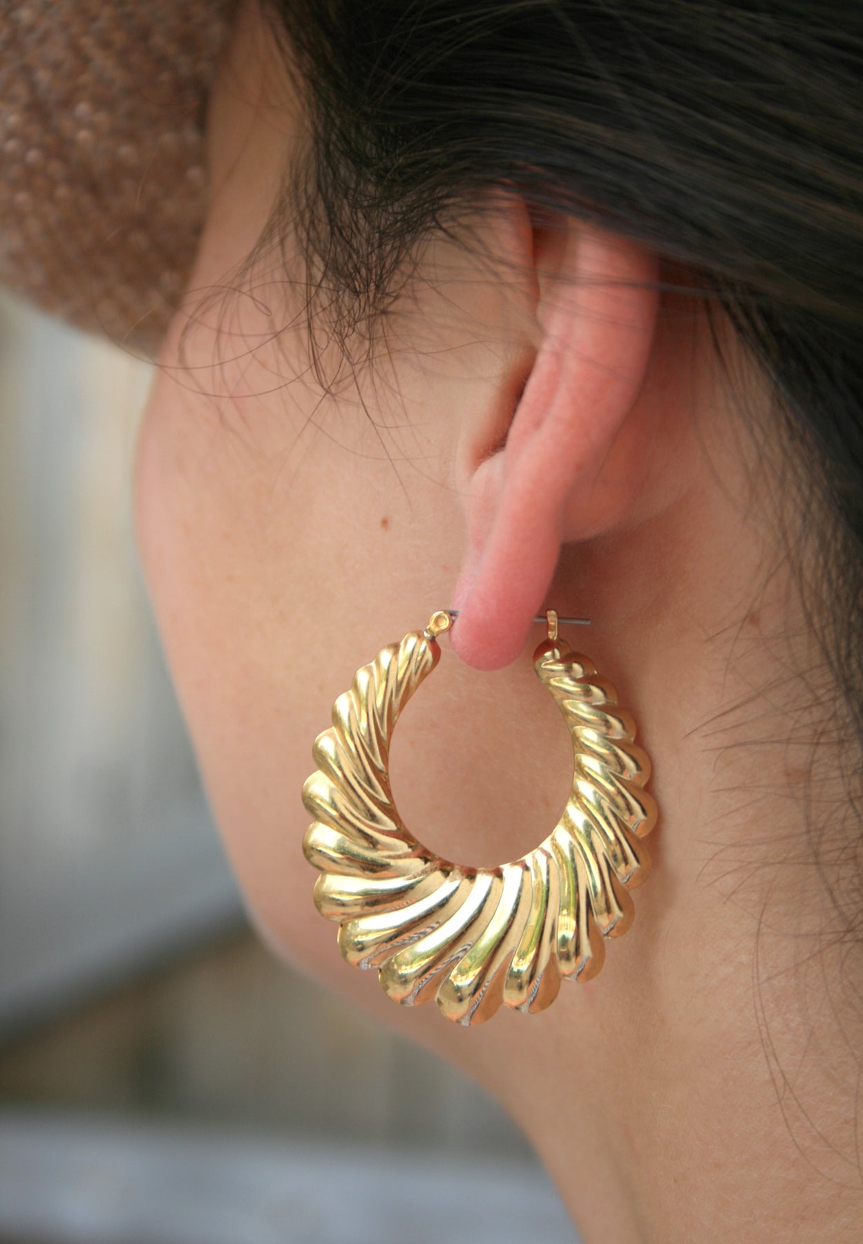 Gold Plate Large Shrimp Hollow Hoop Earrings