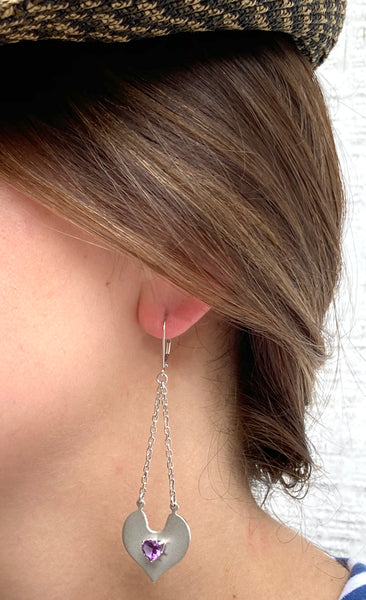 Sterling Heart Trapeze Drop Earrings with Genuine Amethyst Heart Shape Stone