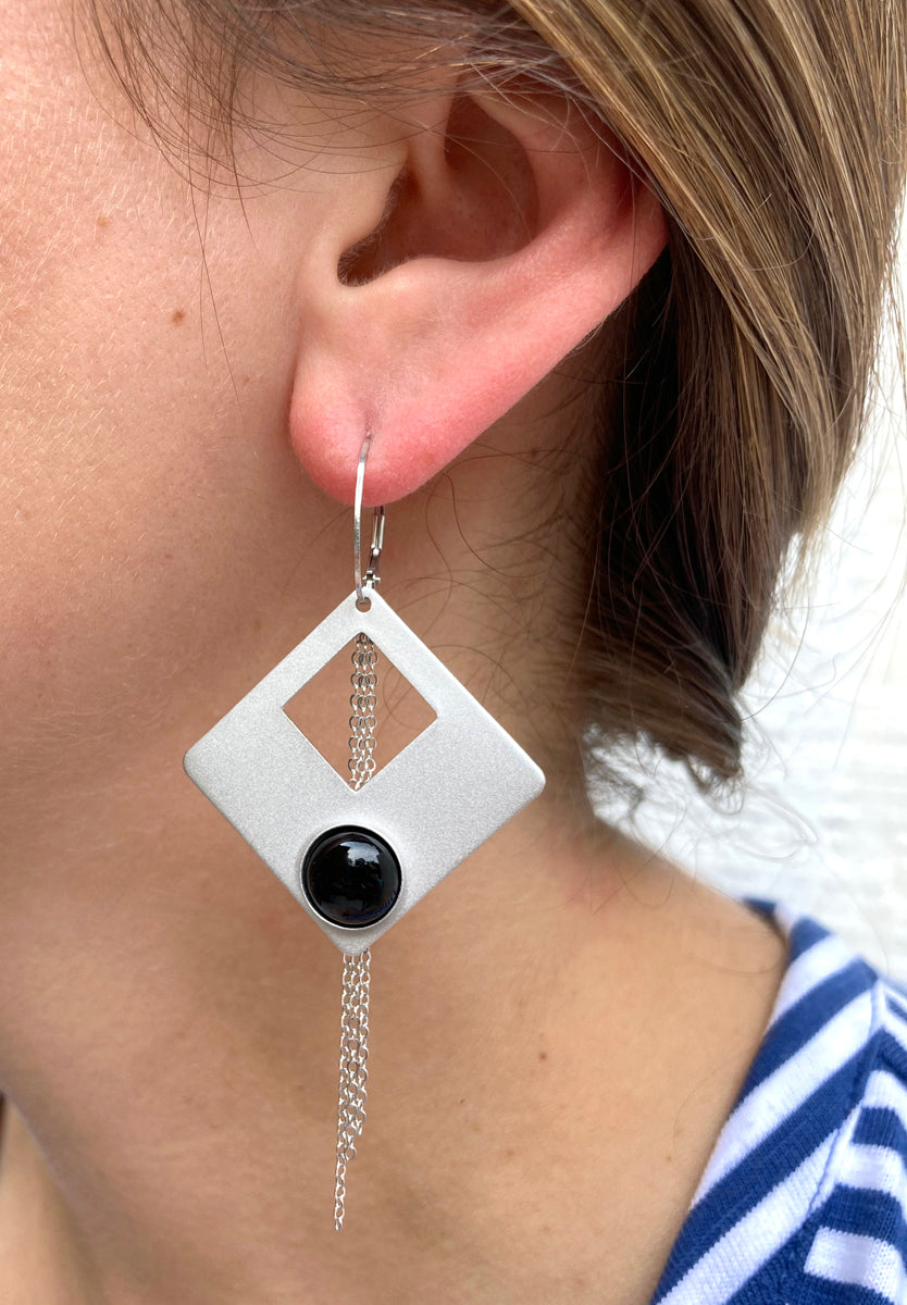 Sterling Silver Drop Earrings with Genuine Onyx Stones and Fine Chain