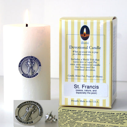 Saint Francis Devotional Candle with lapel pin