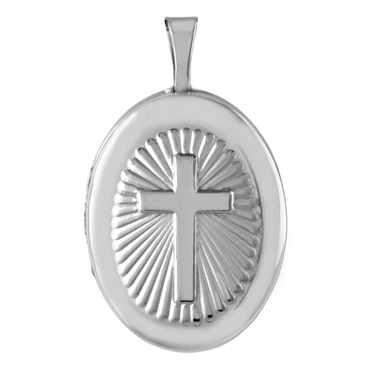 Sterling Silver Embossed Cross Oval Locket