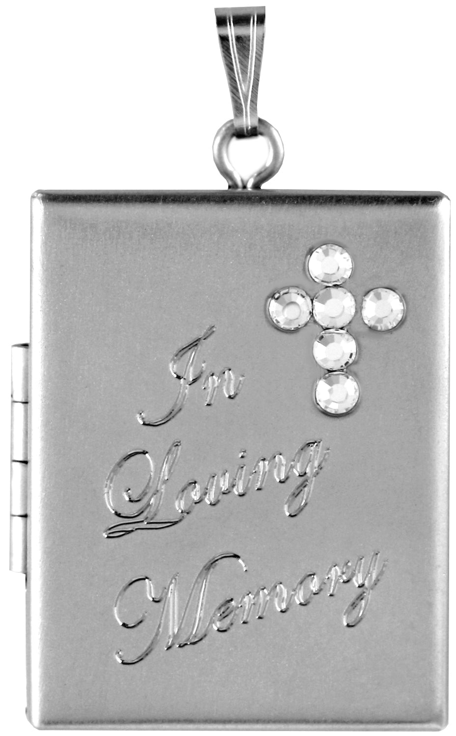 Sterling Silver Loving Memory Memorial Rectangle Locket with Crystal Cross