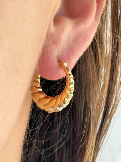 Gold Plate Small Puff Shrimp Hollow Hoop Earrings