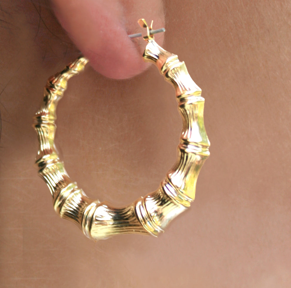 Gold Plate Medium Bamboo Hollow Hoop Earrings