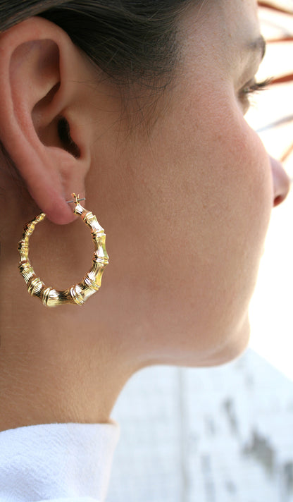 Gold Plate Medium Bamboo Hollow Hoop Earrings