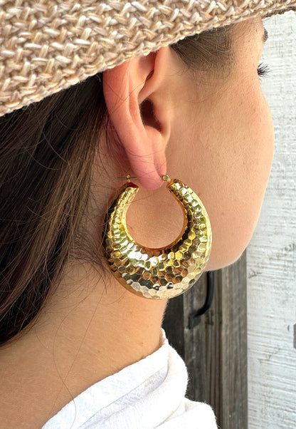 Gold Plate Large Hammer Pattern Hollow Hoop Earrings