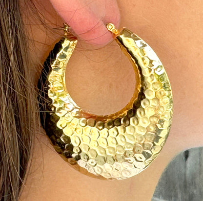 Gold Plate Large Hammer Pattern Hollow Hoop Earrings