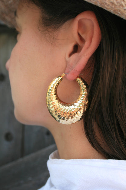 Gold Plate Large Hammer Pattern Hollow Hoop Earrings