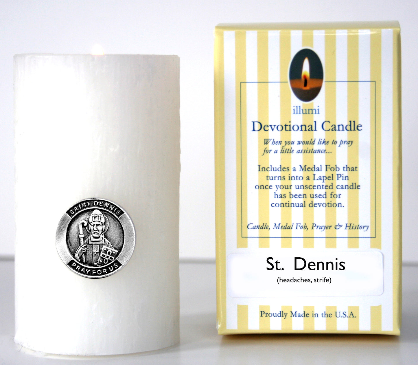 Saint Dennis Devotional Candle with lapel pin