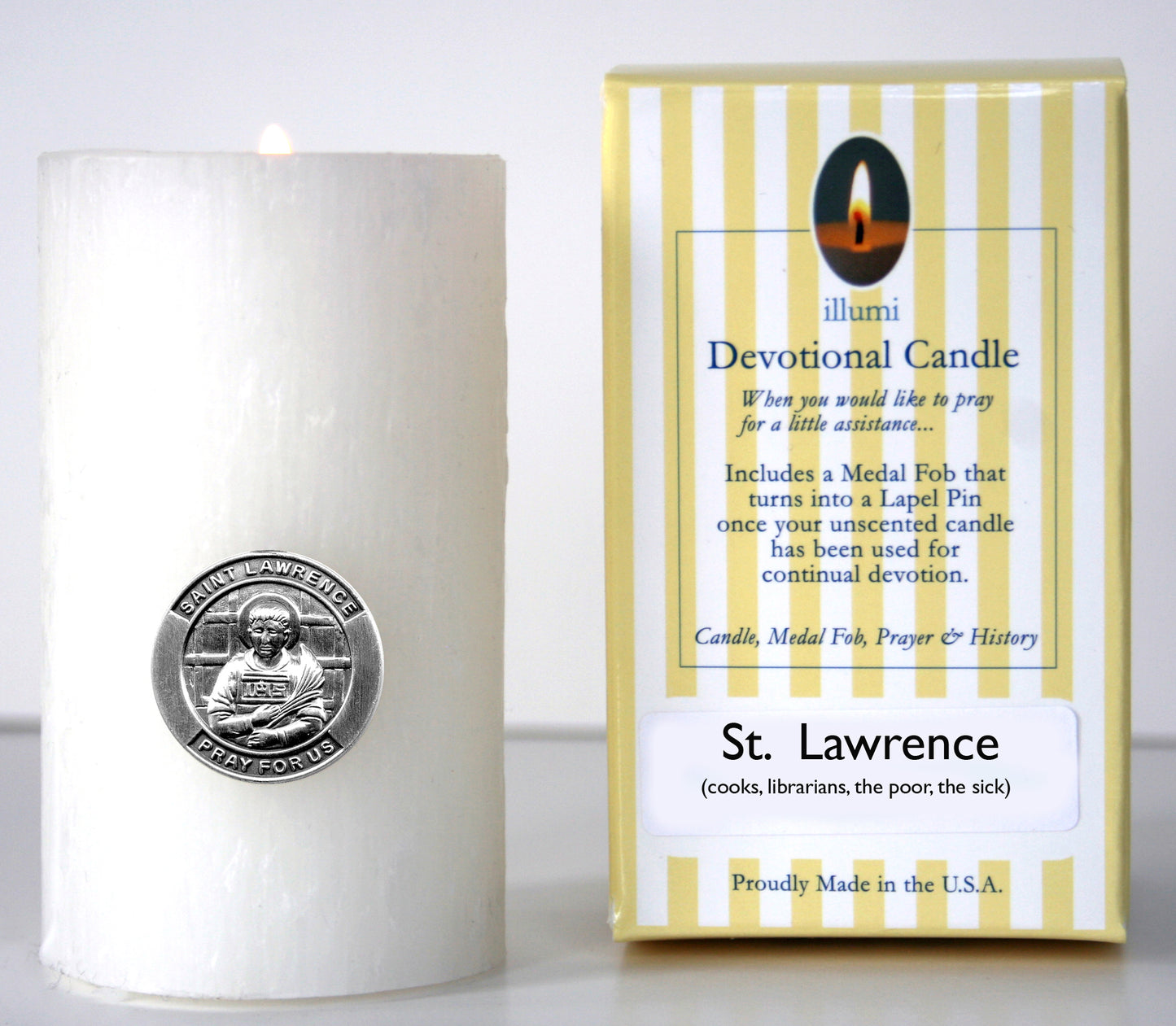 Saint Lawrence Devotional Candle with lapel pin