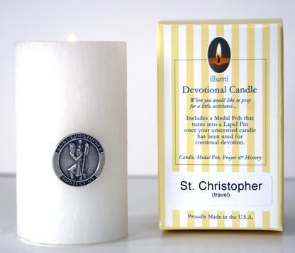 Saint Christopher Devotional Candle with lapel pin