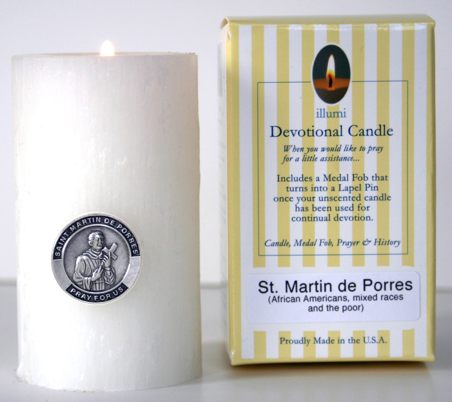 Saint Martin de Porres Devotional Candle with lapel pin