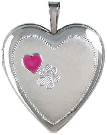 Sterling Silver Pet Heart Locket with Paw and Pink Heart