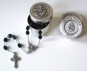 saint michael Navy rosary box with rosary beads