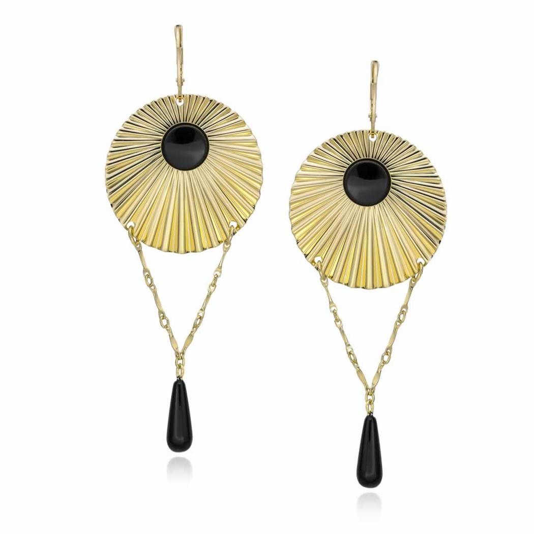 14k Gold Dipped Stunning Starburst Fluted Disc Earrings with Genuine Onyx Stone and Beads