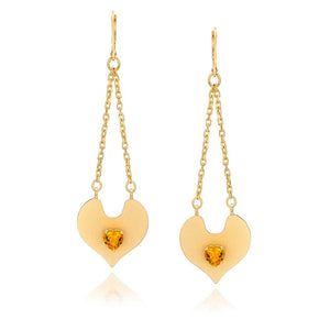 14k Gold Dipped Heart Trapeze Drop Earrings with Genuine Citrine Heart Shape Stone