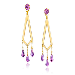 14k Gold Dipped Stunning Drop Earrings with Genuine Amethyst Faceted Stone and Briolette Bead Drops