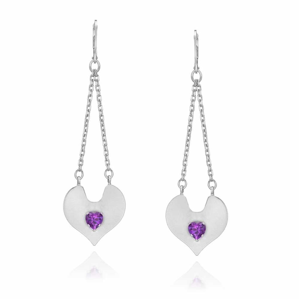 Sterling Silver Trapeze Heart Drop Earrings with Genuine Amethyst Heart Shape Stone