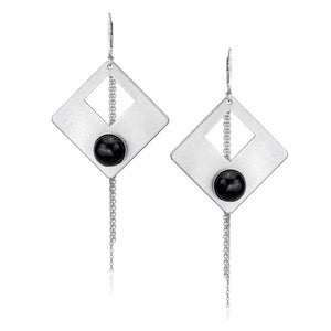 Sterling Silver Drop Earrings with Genuine Onyx Stones and Fine Chain