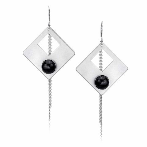 Sterling Silver Drop Earrings with Genuine Onyx Stones and Fine Chain