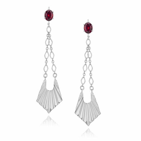 Sterling Silver Trapeze Drop Earrings with Genuine Garnet Faceted Stones and Fine Chain