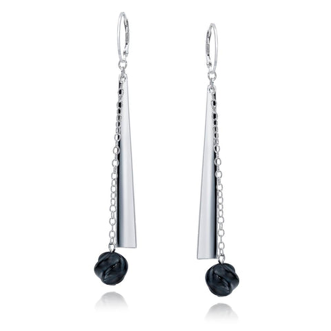 Sterling Silver Dramatic Drop Earrings with Genuine Carved Black Onyx Bead and Fine Chain
