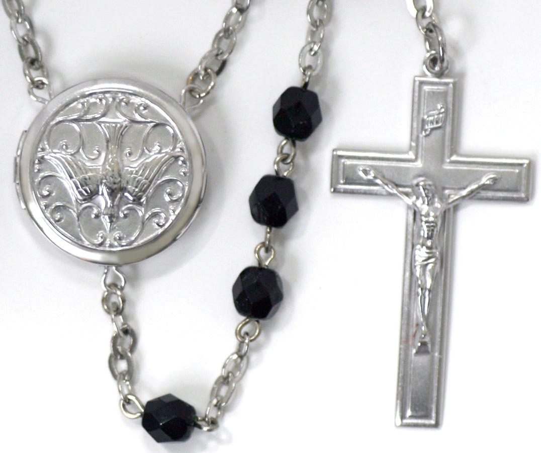 embossed holy spirit locket rosary beads