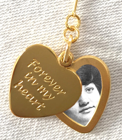 18k Gold Locket shows open slide and photo. Engraved with "Forever in my Heart"